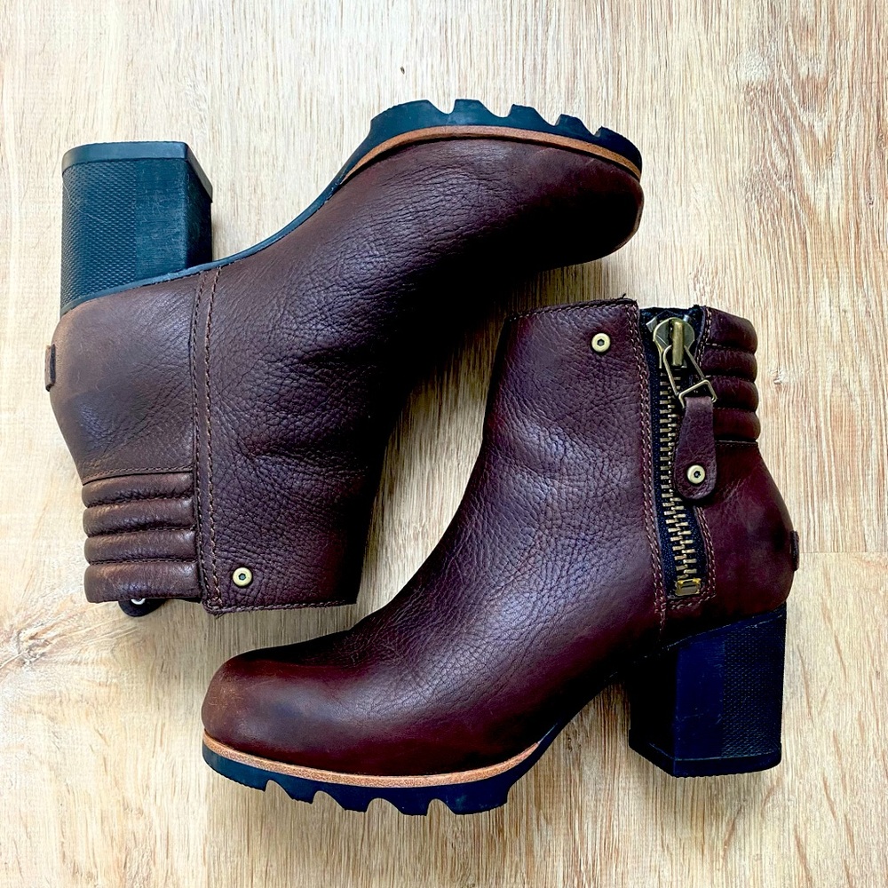 Sorel Danica Brown Ankle Bootie with Black Heel